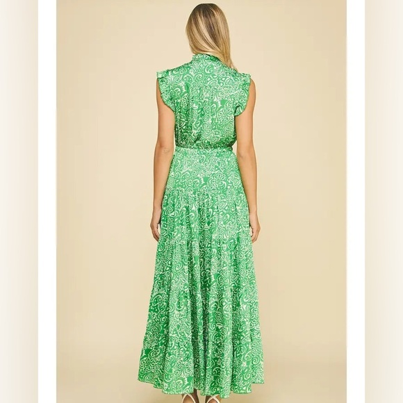 NWOT Pinch Paisley Green White Maxi Dress Flutter Sleeve Tie Waist - Picture 3 of 11
